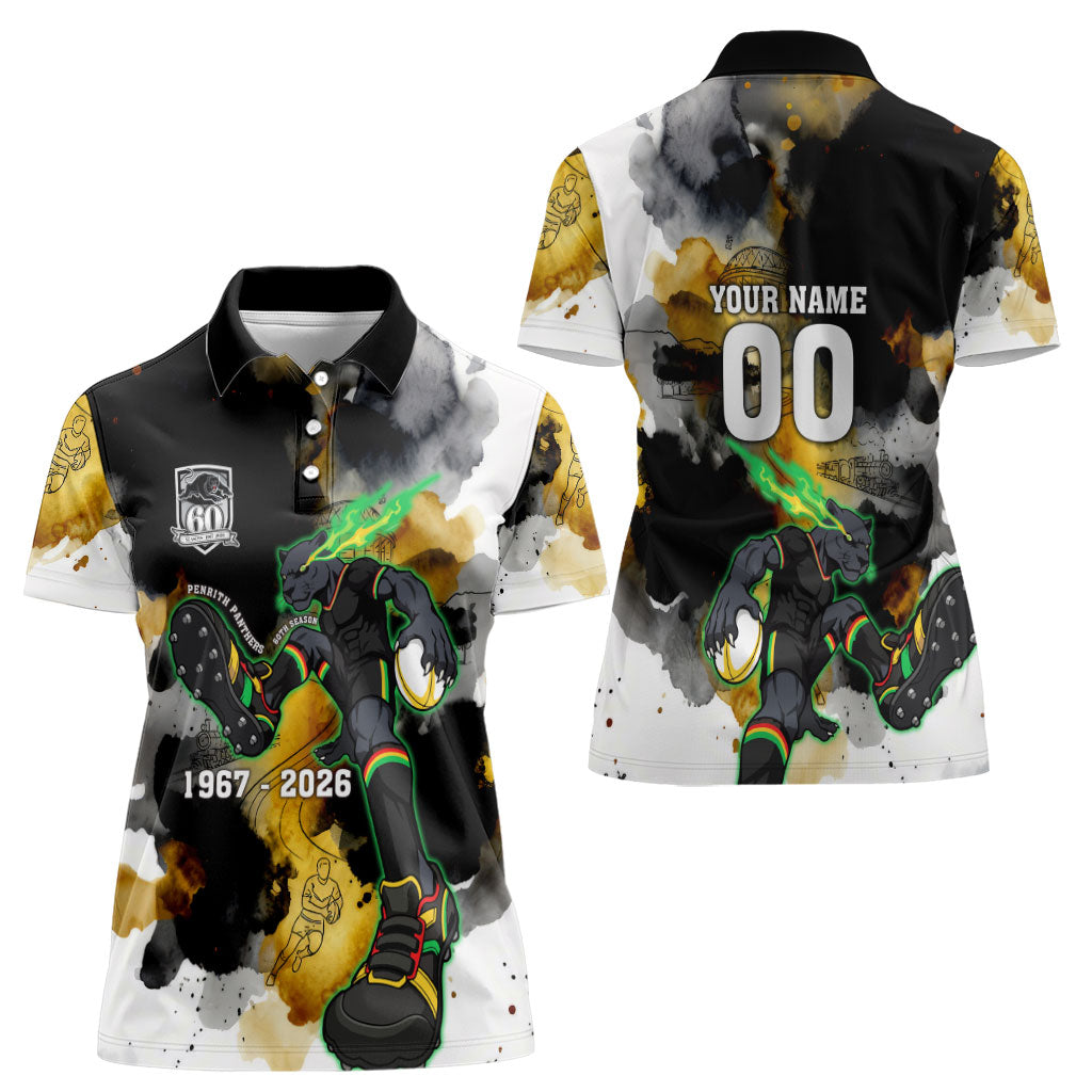 Personalised Penrith Panthers 1967-2026 Women Polo Shirt Panther Mascot 60th Anniversary - Watercolor Splash Art