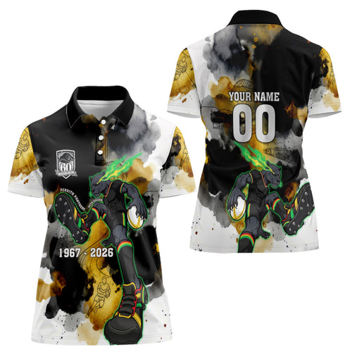 Personalised Penrith Panthers 1967-2026 Women Polo Shirt Panther Mascot 60th Anniversary - Watercolor Splash Art