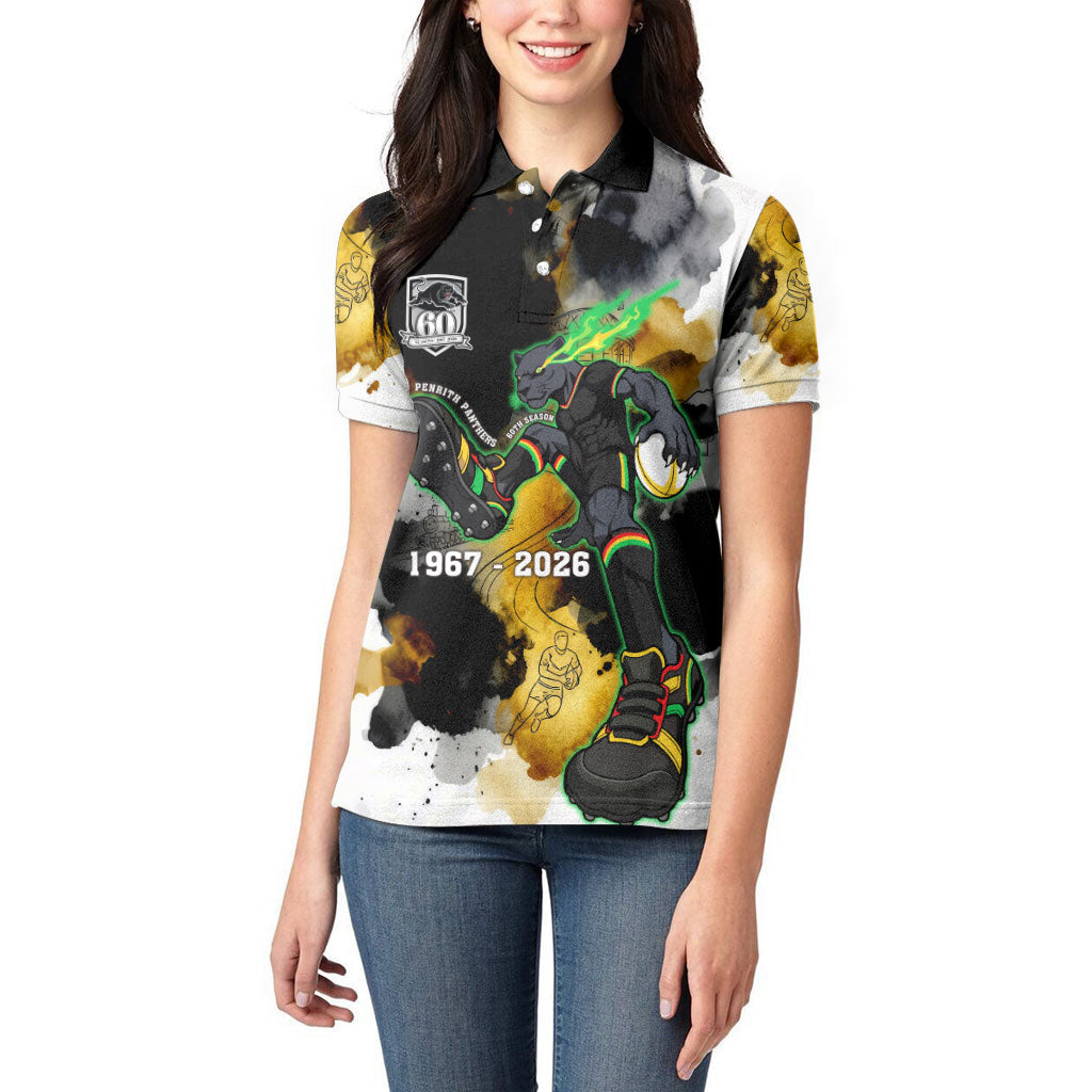 Personalised Penrith Panthers 1967-2026 Women Polo Shirt Panther Mascot 60th Anniversary - Watercolor Splash Art