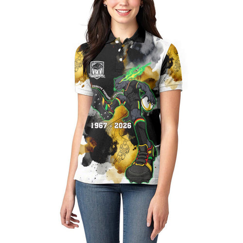 Personalised Penrith Panthers 1967-2026 Women Polo Shirt Panther Mascot 60th Anniversary - Watercolor Splash Art