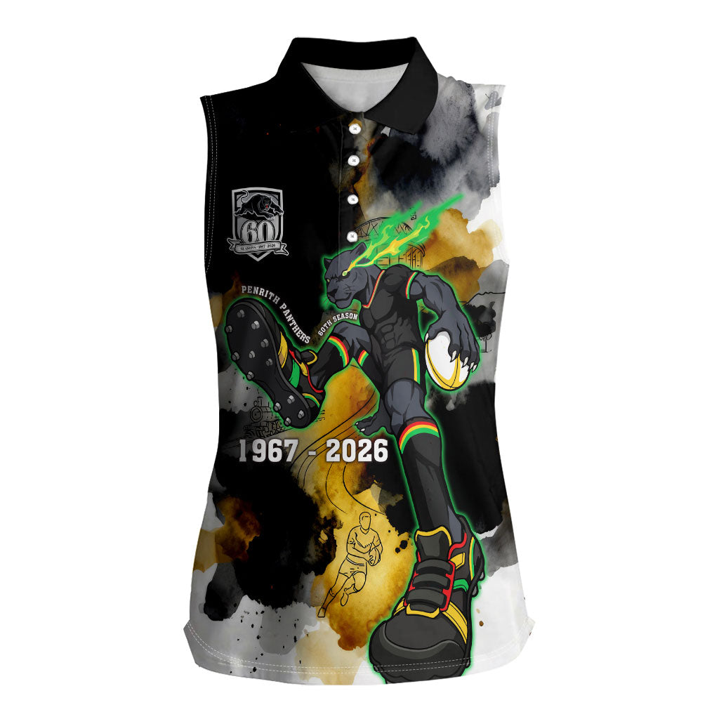Personalised Penrith Panthers 1967-2026 Women Sleeveless Polo Shirt Panther Mascot 60th Anniversary - Watercolor Splash Art