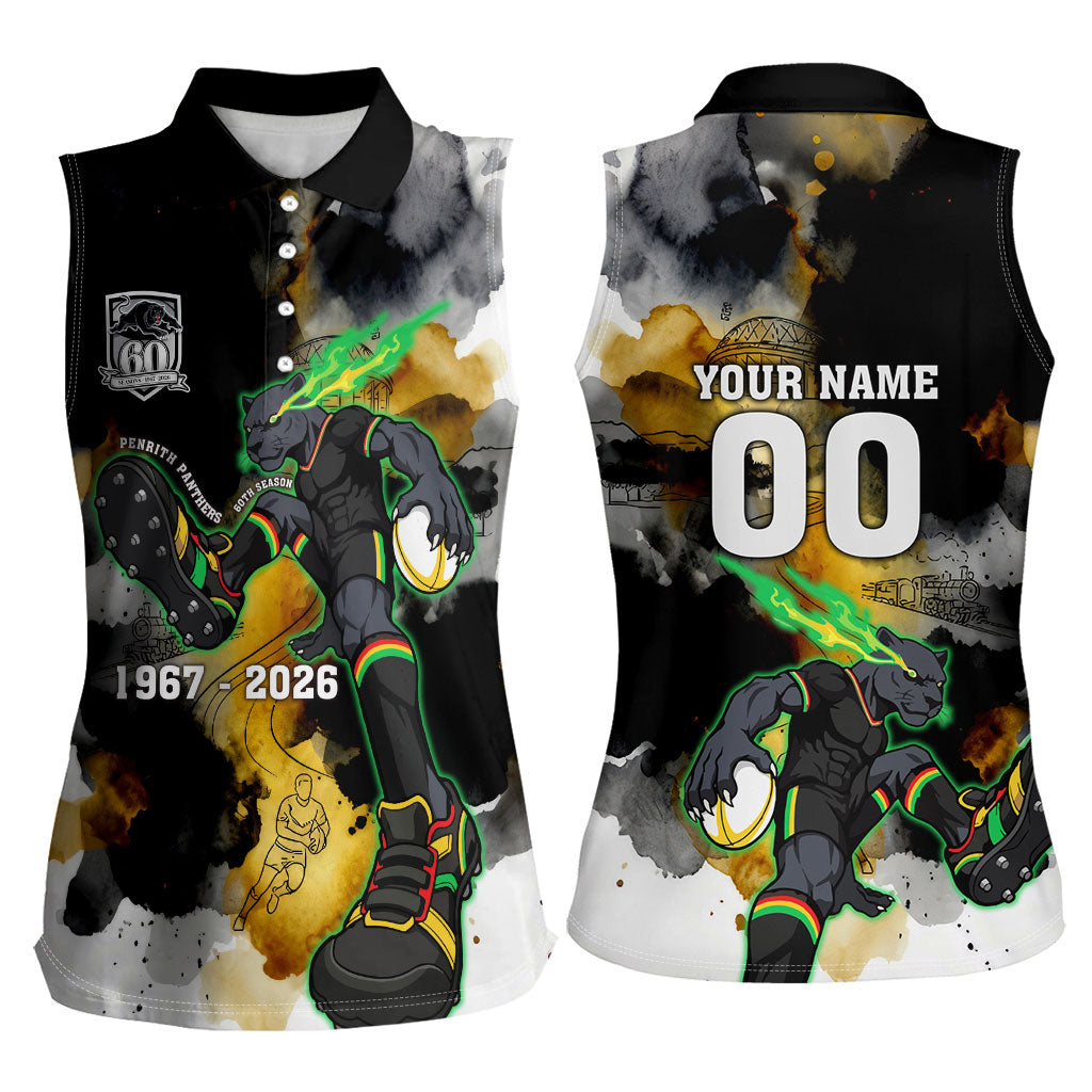 Personalised Penrith Panthers 1967-2026 Women Sleeveless Polo Shirt Panther Mascot 60th Anniversary - Watercolor Splash Art