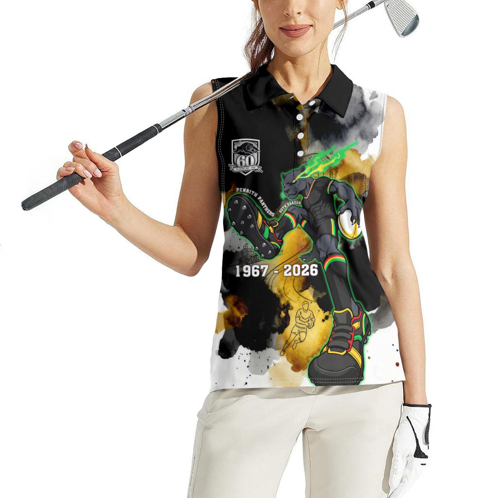 Personalised Penrith Panthers 1967-2026 Women Sleeveless Polo Shirt Panther Mascot 60th Anniversary - Watercolor Splash Art
