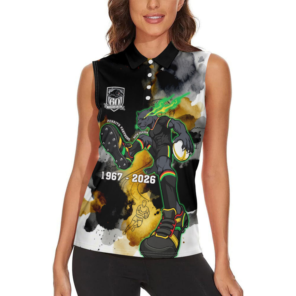 Personalised Penrith Panthers 1967-2026 Women Sleeveless Polo Shirt Panther Mascot 60th Anniversary - Watercolor Splash Art