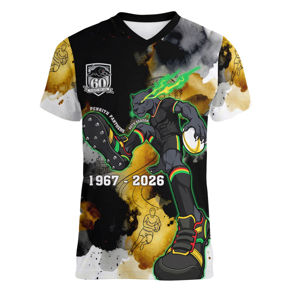 Personalised Penrith Panthers 1967-2026 Women V-Neck T-Shirt Panther Mascot 60th Anniversary - Watercolor Splash Art