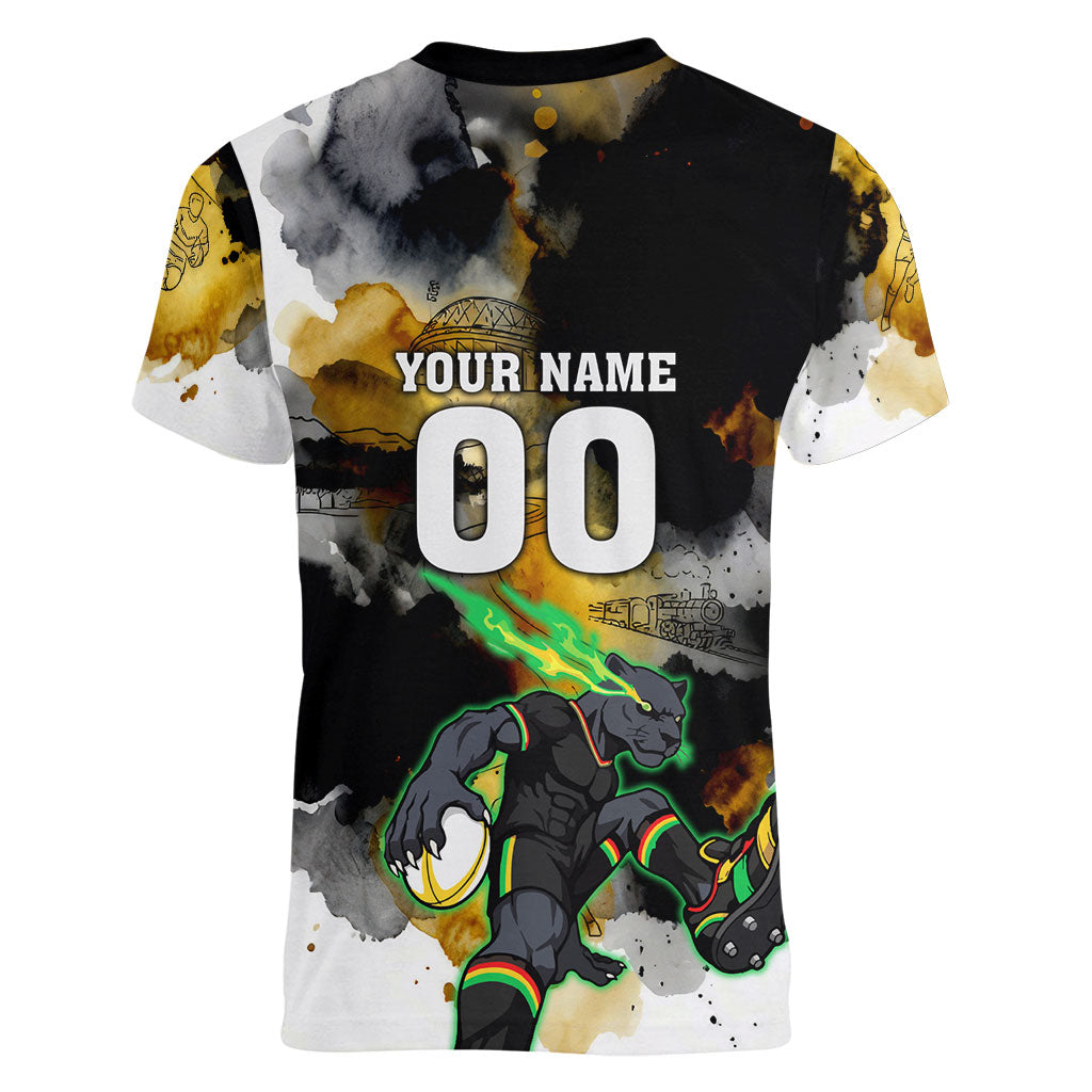 Personalised Penrith Panthers 1967-2026 Women V-Neck T-Shirt Panther Mascot 60th Anniversary - Watercolor Splash Art