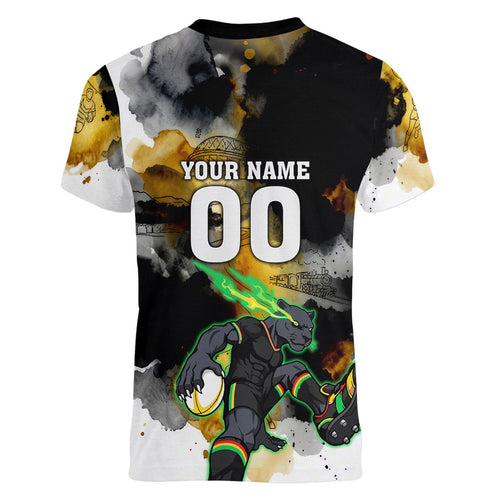 Personalised Penrith Panthers 1967-2026 Women V-Neck T-Shirt Panther Mascot 60th Anniversary - Watercolor Splash Art