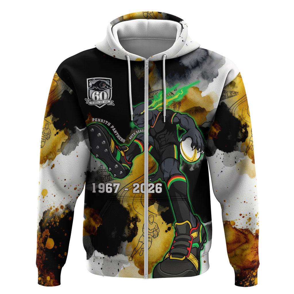 Personalised Penrith Panthers 1967-2026 Zip Hoodie Panther Mascot 60th Anniversary - Watercolor Splash Art