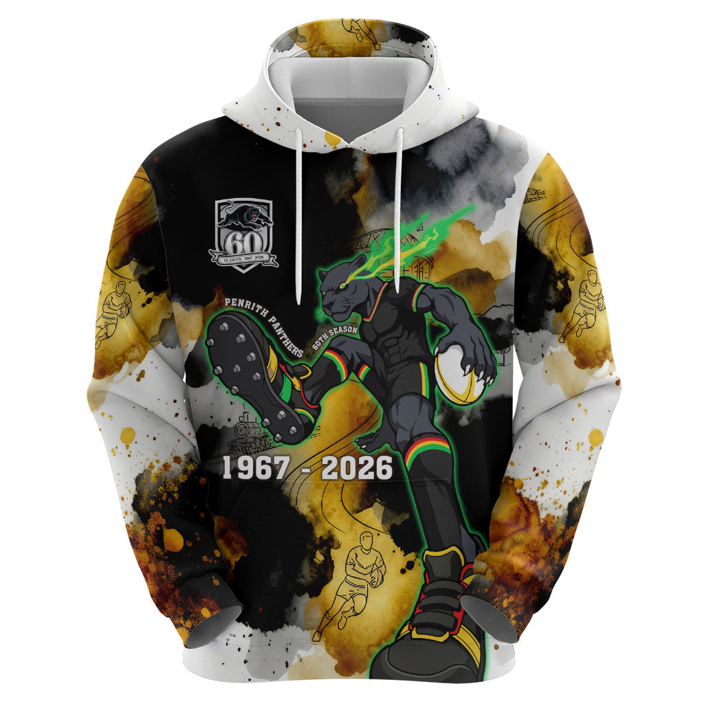 Personalised Penrith Panthers 1967-2026 Zip Hoodie Panther Mascot 60th Anniversary - Watercolor Splash Art