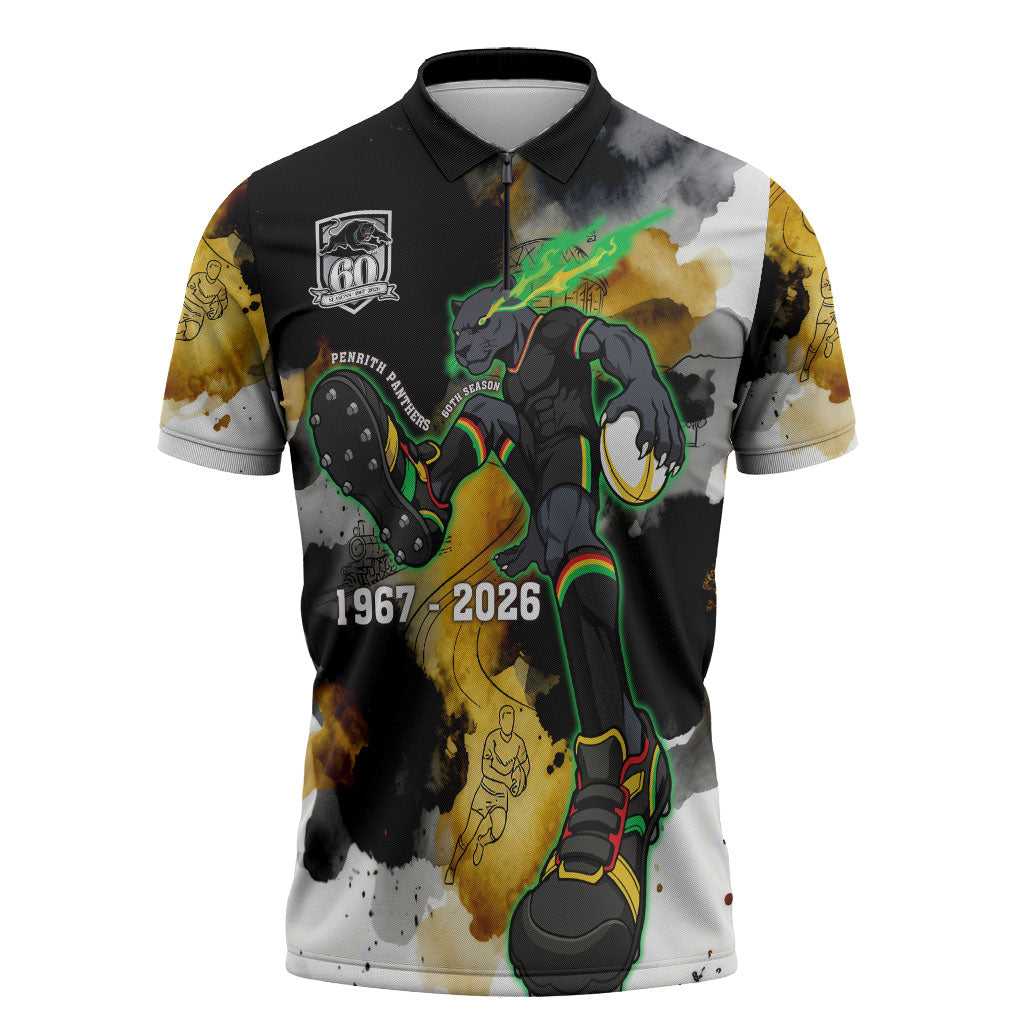 Personalised Penrith Panthers 1967-2026 Zipper Polo Shirt Panther Mascot 60th Anniversary - Watercolor Splash Art