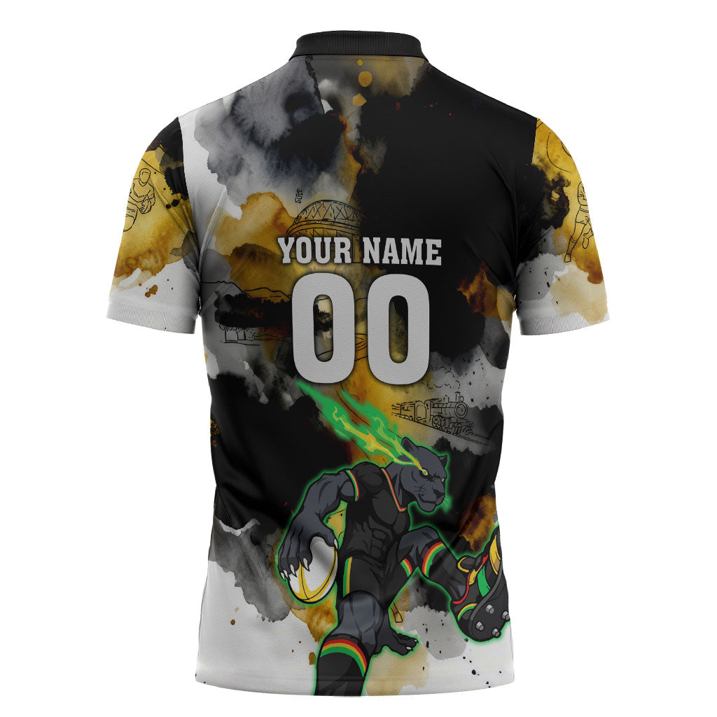 Personalised Penrith Panthers 1967-2026 Zipper Polo Shirt Panther Mascot 60th Anniversary - Watercolor Splash Art