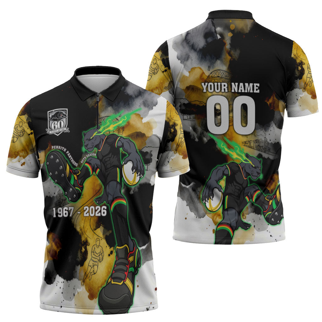 Personalised Penrith Panthers 1967-2026 Zipper Polo Shirt Panther Mascot 60th Anniversary - Watercolor Splash Art