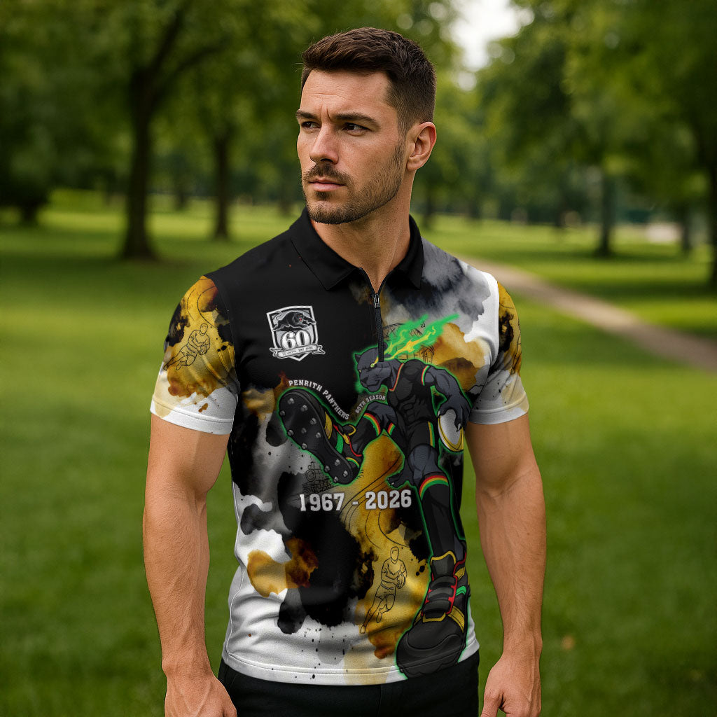 Personalised Penrith Panthers 1967-2026 Zipper Polo Shirt Panther Mascot 60th Anniversary - Watercolor Splash Art
