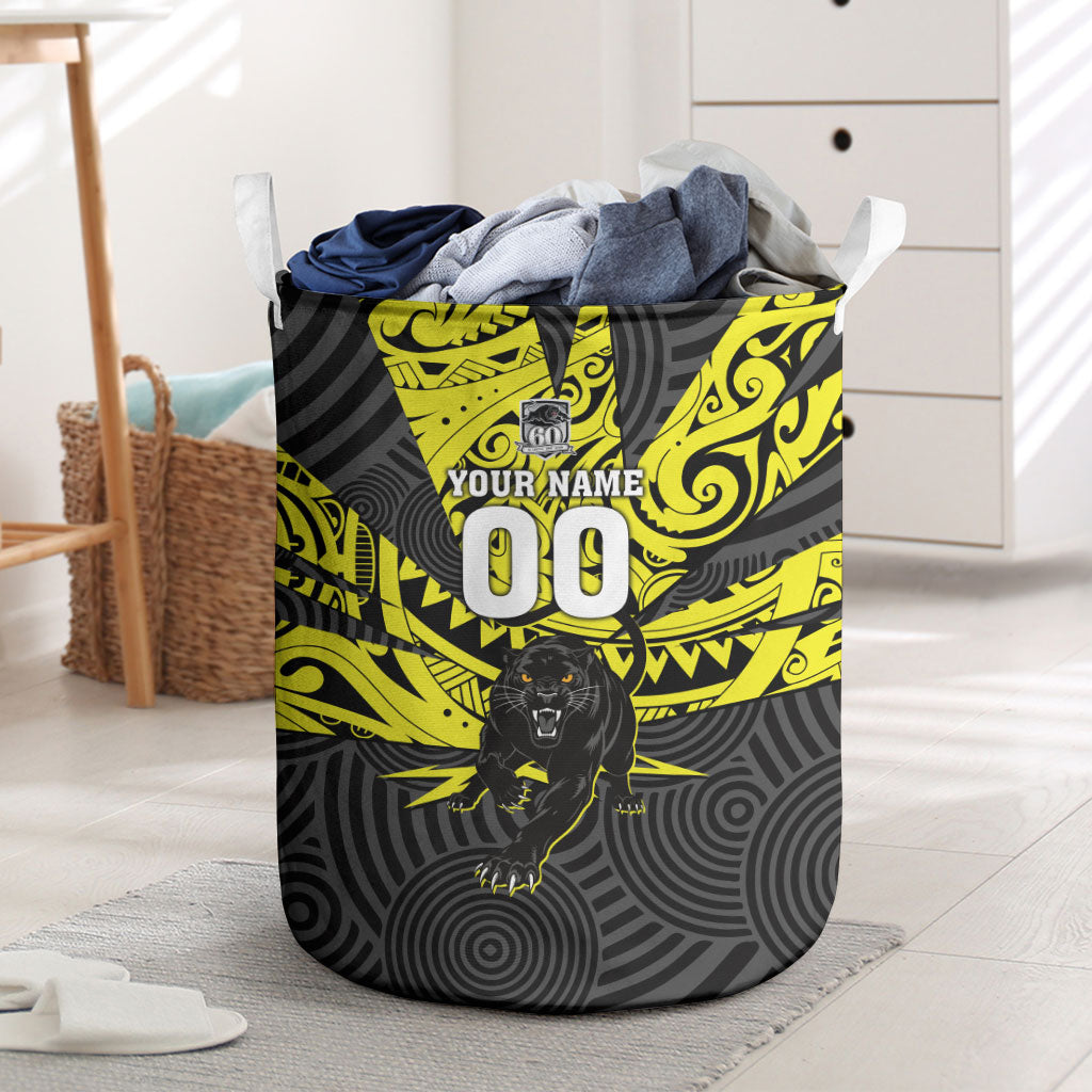 Custom Panthers Rugby 60th Anniversary Laundry Basket Penrith Polynesian Tribal Pattern - Traditional Tattoo