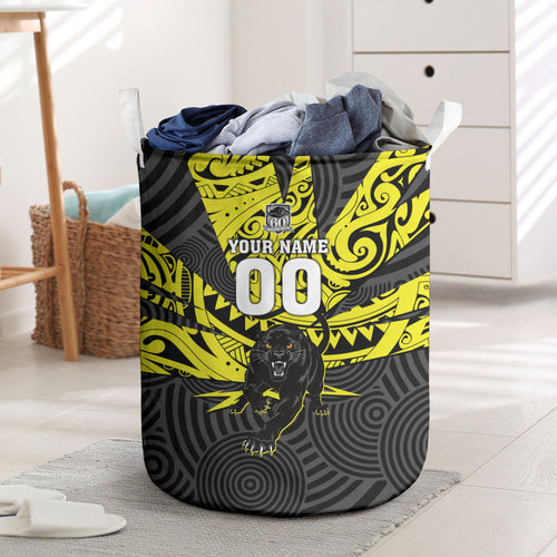 Custom Panthers Rugby 60th Anniversary Laundry Basket Penrith Polynesian Tribal Pattern - Traditional Tattoo