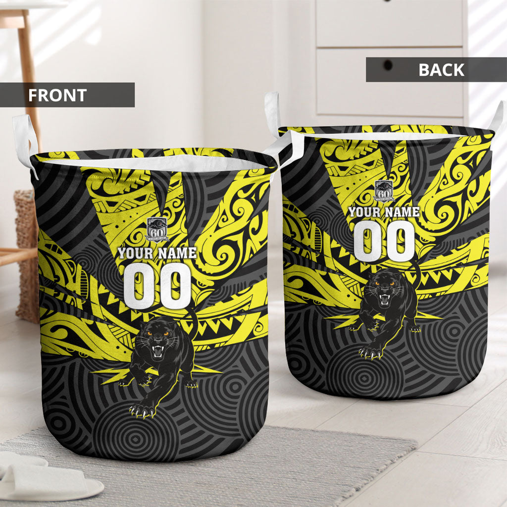 Custom Panthers Rugby 60th Anniversary Laundry Basket Penrith Polynesian Tribal Pattern - Traditional Tattoo