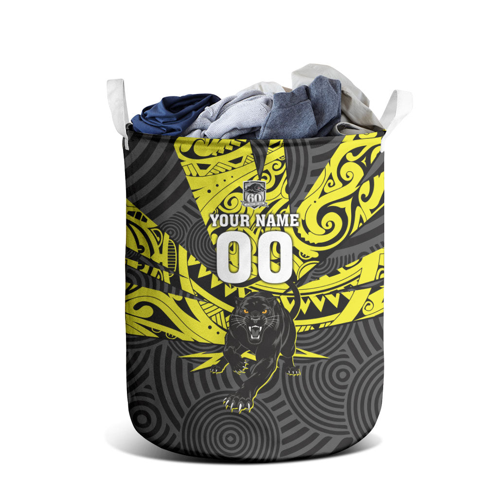 Custom Panthers Rugby 60th Anniversary Laundry Basket Penrith Polynesian Tribal Pattern - Traditional Tattoo