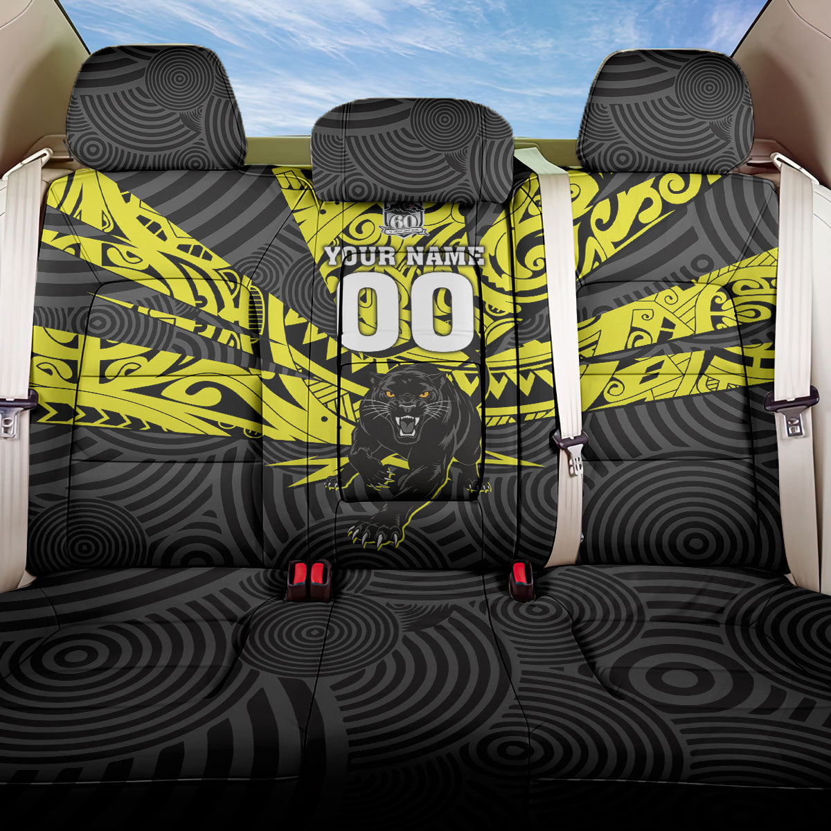 Custom Panthers Rugby 60th Anniversary Back Car Seat Cover Penrith Polynesian Tribal Pattern - Traditional Tattoo