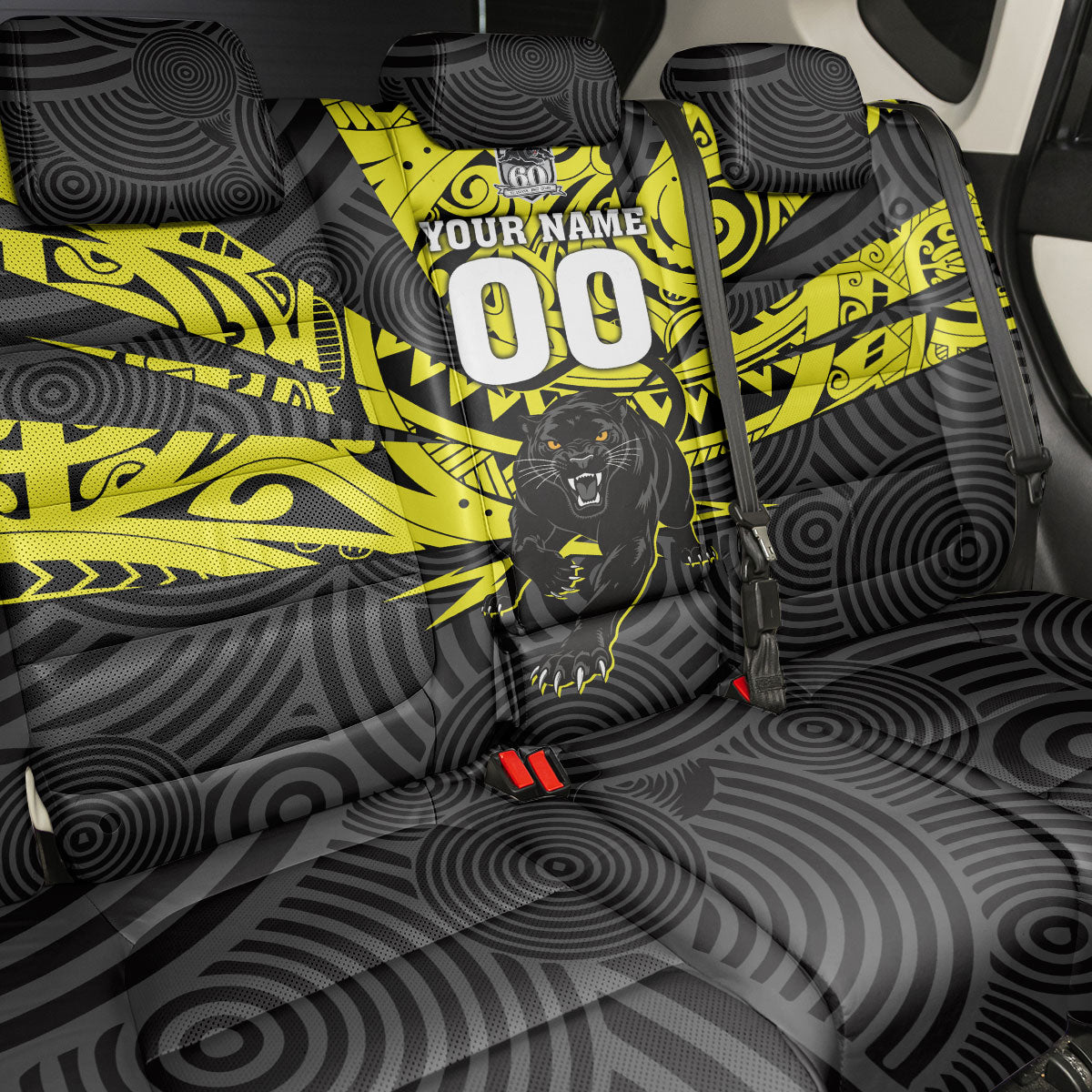 Custom Panthers Rugby 60th Anniversary Back Car Seat Cover Penrith Polynesian Tribal Pattern - Traditional Tattoo
