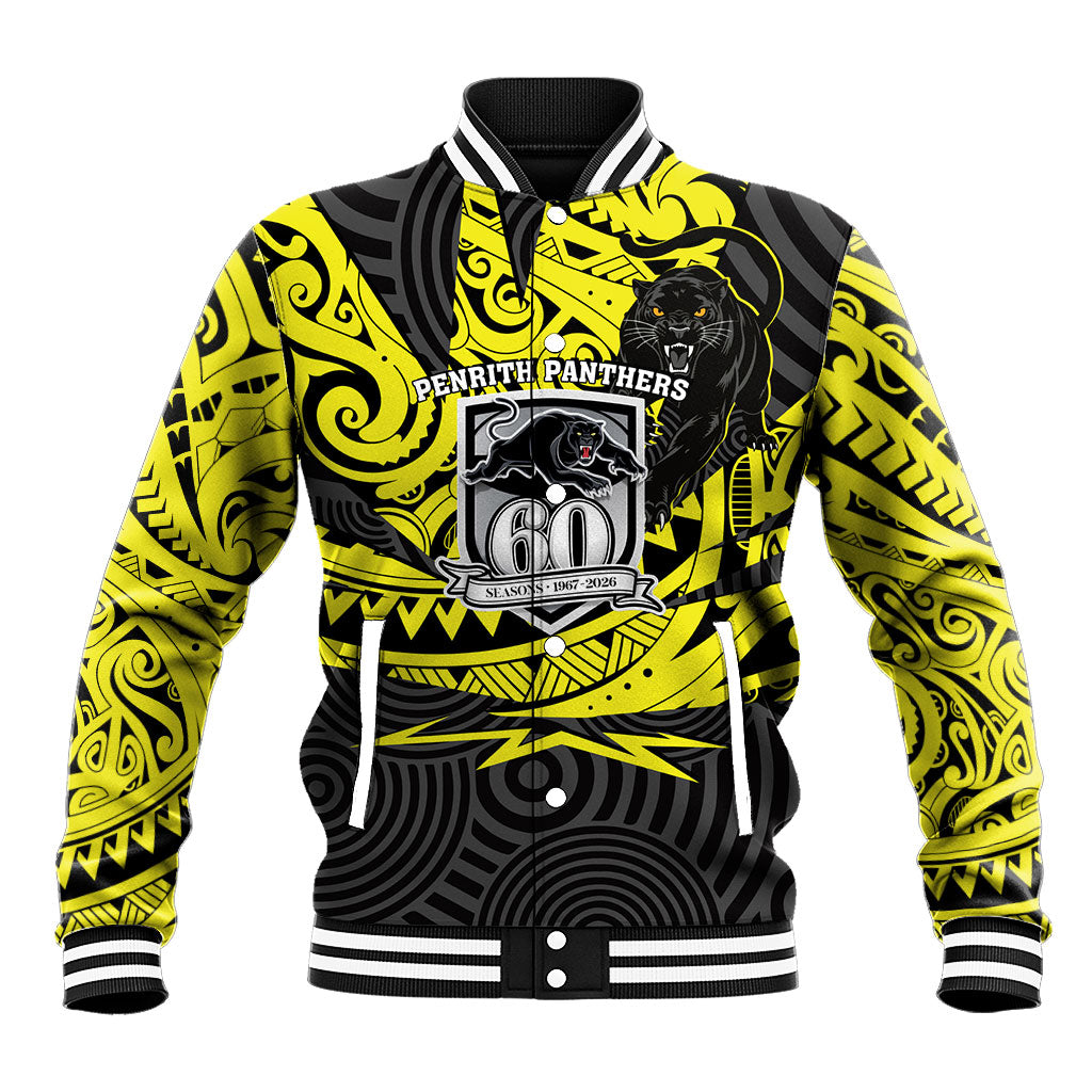 Custom Panthers Rugby 60th Anniversary Baseball Jacket Penrith Polynesian Tribal Pattern - Traditional Tattoo