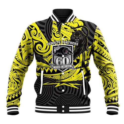 Custom Panthers Rugby 60th Anniversary Baseball Jacket Penrith Polynesian Tribal Pattern - Traditional Tattoo