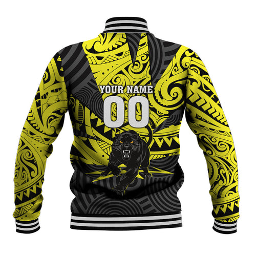Custom Panthers Rugby 60th Anniversary Baseball Jacket Penrith Polynesian Tribal Pattern - Traditional Tattoo