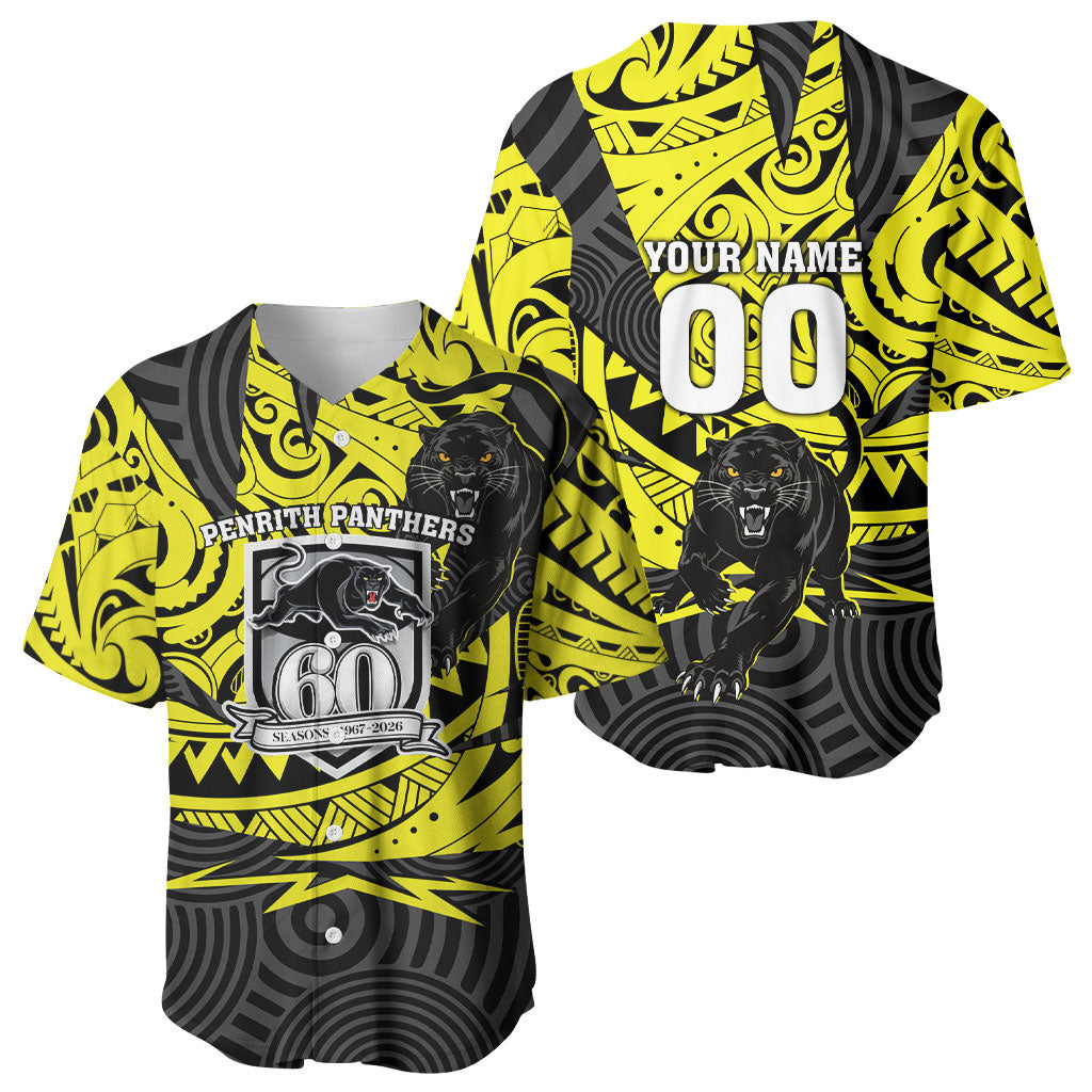 Custom Panthers Rugby 60th Anniversary Baseball Jersey Penrith Polynesian Tribal Pattern - Traditional Tattoo