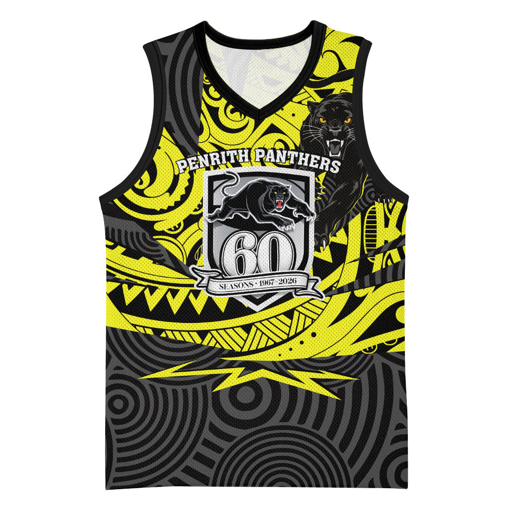 Custom Panthers Rugby 60th Anniversary Basketball Jersey Penrith Polynesian Tribal Pattern - Traditional Tattoo