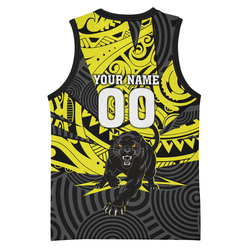 Custom Panthers Rugby 60th Anniversary Basketball Jersey Penrith Polynesian Tribal Pattern - Traditional Tattoo