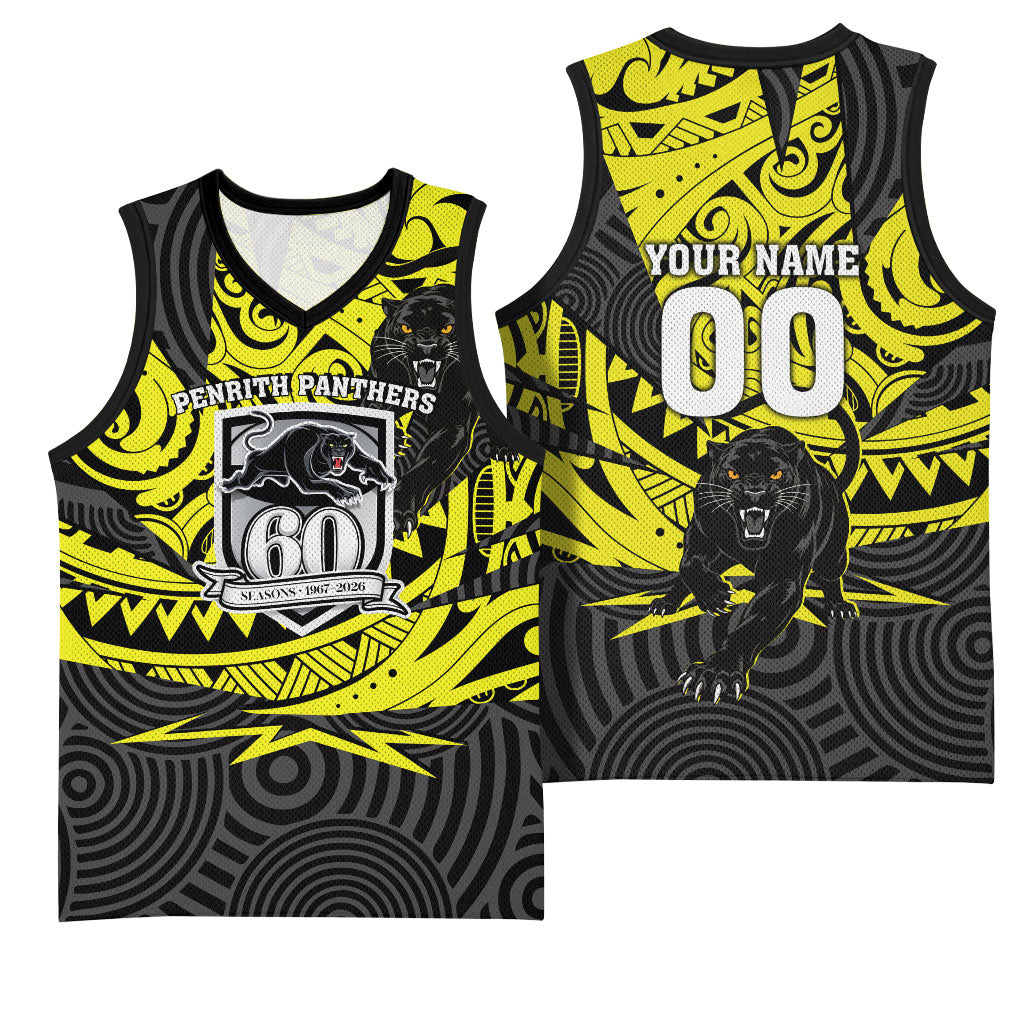 Custom Panthers Rugby 60th Anniversary Basketball Jersey Penrith Polynesian Tribal Pattern - Traditional Tattoo