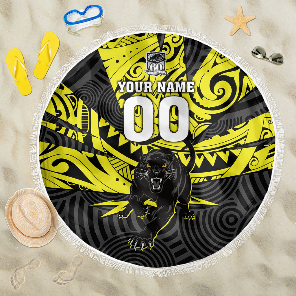 Custom Panthers Rugby 60th Anniversary Beach Blanket Penrith Polynesian Tribal Pattern - Traditional Tattoo