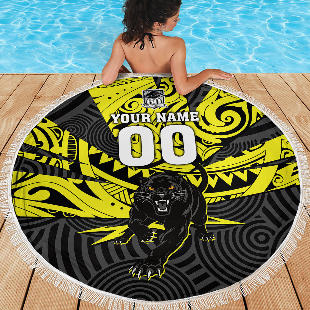 Custom Panthers Rugby 60th Anniversary Beach Blanket Penrith Polynesian Tribal Pattern - Traditional Tattoo