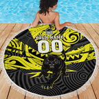 Custom Panthers Rugby 60th Anniversary Beach Blanket Penrith Polynesian Tribal Pattern - Traditional Tattoo