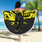 Custom Panthers Rugby 60th Anniversary Beach Blanket Penrith Polynesian Tribal Pattern - Traditional Tattoo