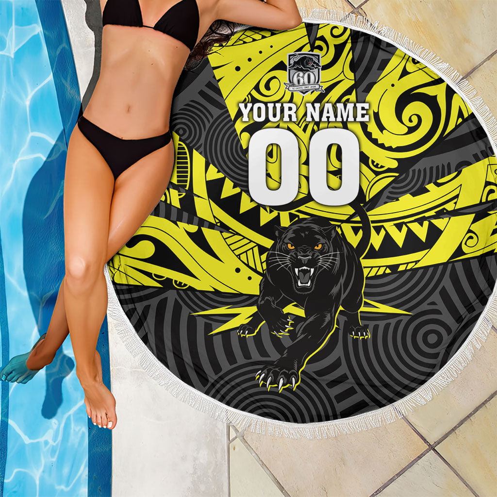 Custom Panthers Rugby 60th Anniversary Beach Blanket Penrith Polynesian Tribal Pattern - Traditional Tattoo
