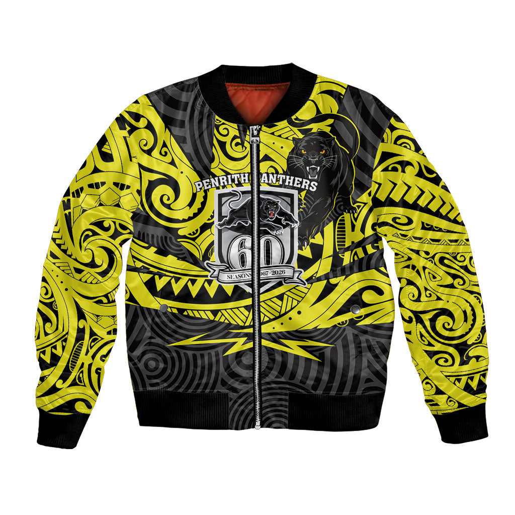 Custom Panthers Rugby 60th Anniversary Bomber Jacket Penrith Polynesian Tribal Pattern - Traditional Tattoo