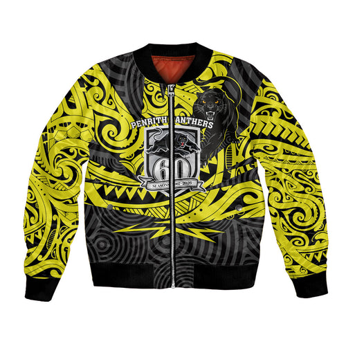 Custom Panthers Rugby 60th Anniversary Bomber Jacket Penrith Polynesian Tribal Pattern - Traditional Tattoo