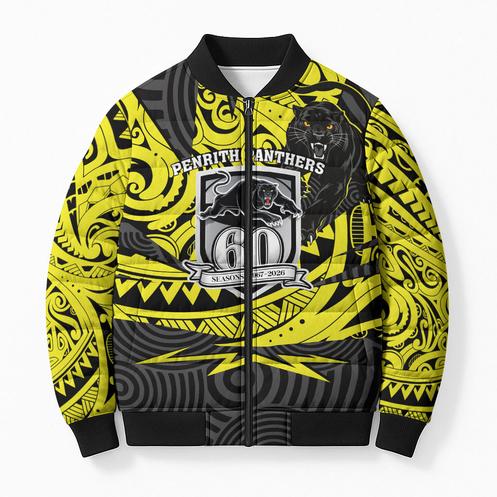 Custom Panthers Rugby 60th Anniversary Bomber Puffer Jacket Penrith Polynesian Tribal Pattern - Traditional Tattoo