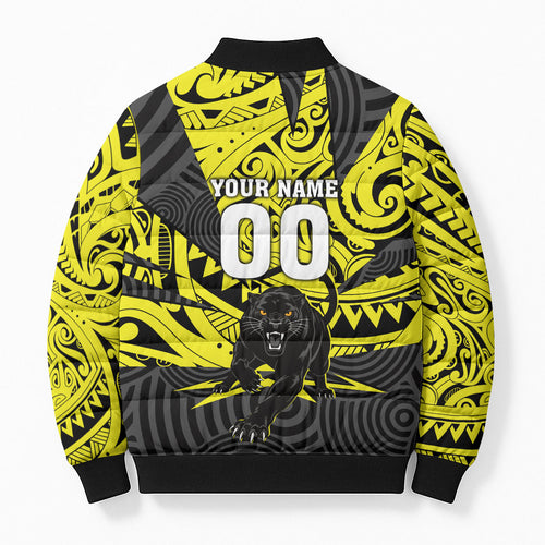Custom Panthers Rugby 60th Anniversary Bomber Puffer Jacket Penrith Polynesian Tribal Pattern - Traditional Tattoo