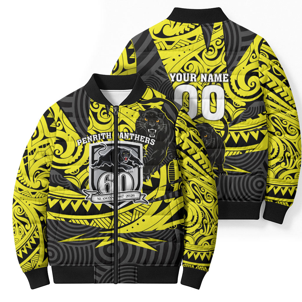 Custom Panthers Rugby 60th Anniversary Bomber Puffer Jacket Penrith Polynesian Tribal Pattern - Traditional Tattoo