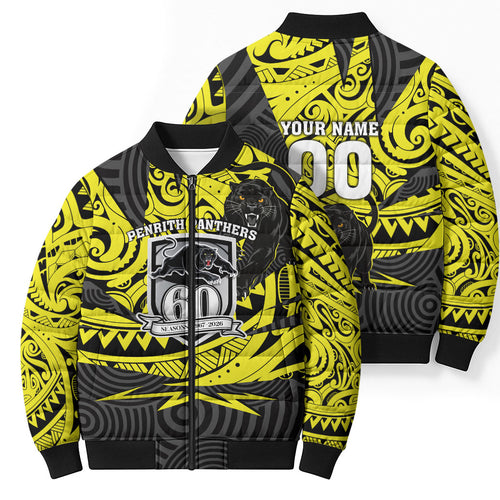Custom Panthers Rugby 60th Anniversary Bomber Puffer Jacket Penrith Polynesian Tribal Pattern - Traditional Tattoo