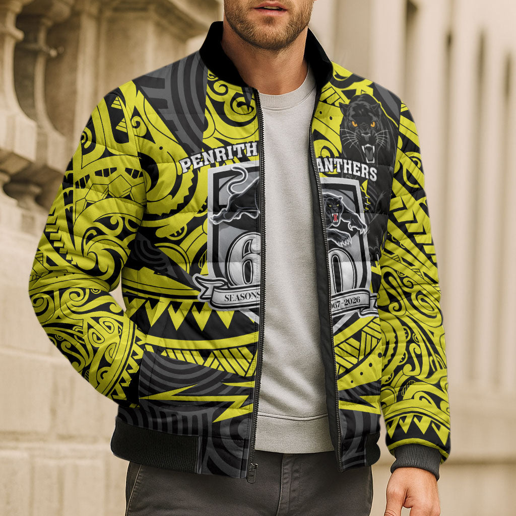 Custom Panthers Rugby 60th Anniversary Bomber Puffer Jacket Penrith Polynesian Tribal Pattern - Traditional Tattoo