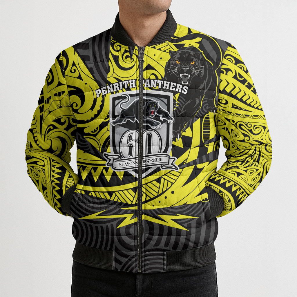 Custom Panthers Rugby 60th Anniversary Bomber Puffer Jacket Penrith Polynesian Tribal Pattern - Traditional Tattoo