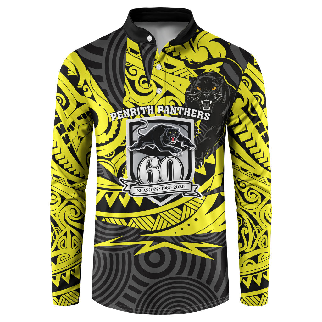 Custom Panthers Rugby 60th Anniversary Button Sweatshirt Penrith Polynesian Tribal Pattern - Traditional Tattoo