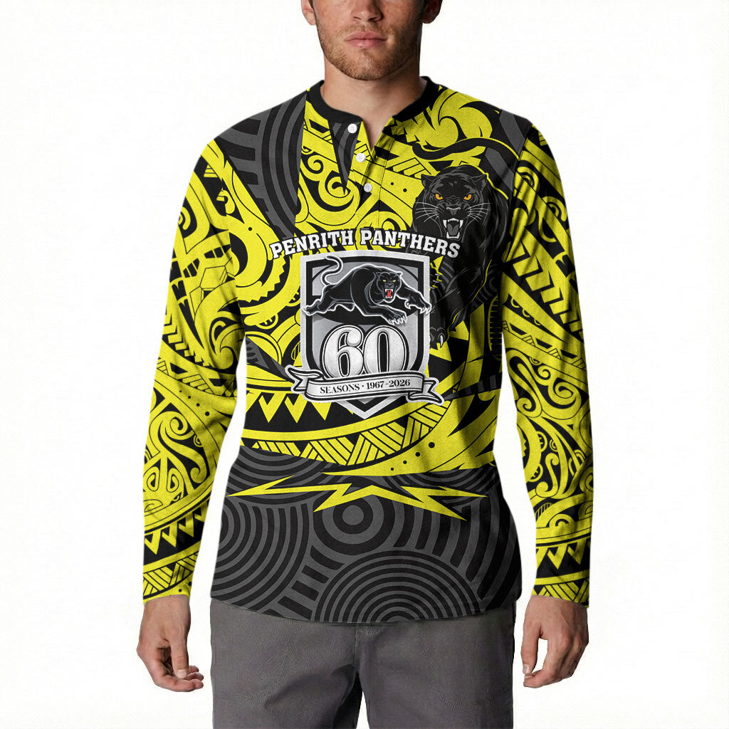Custom Panthers Rugby 60th Anniversary Button Sweatshirt Penrith Polynesian Tribal Pattern - Traditional Tattoo