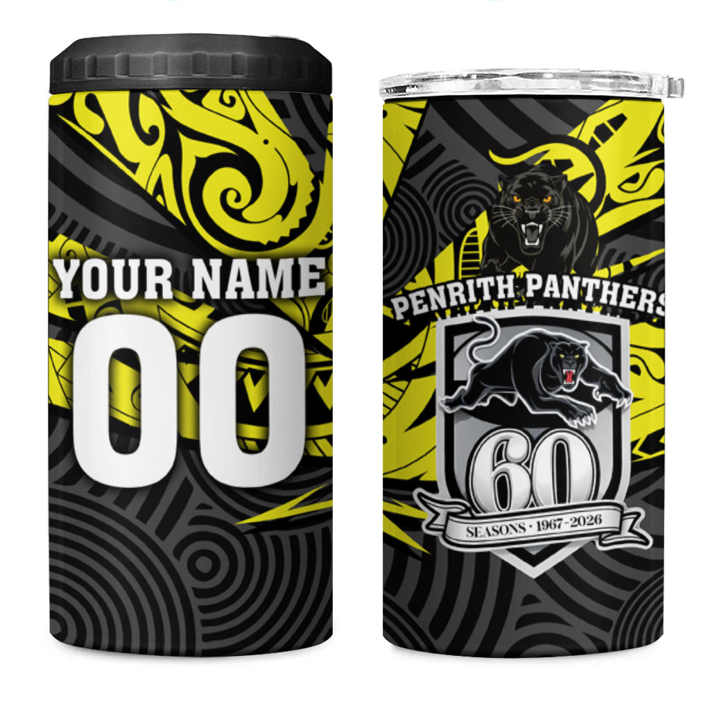 Custom Panthers Rugby 60th Anniversary 4 in 1 Can Cooler Tumbler Penrith Polynesian Tribal Pattern - Traditional Tattoo