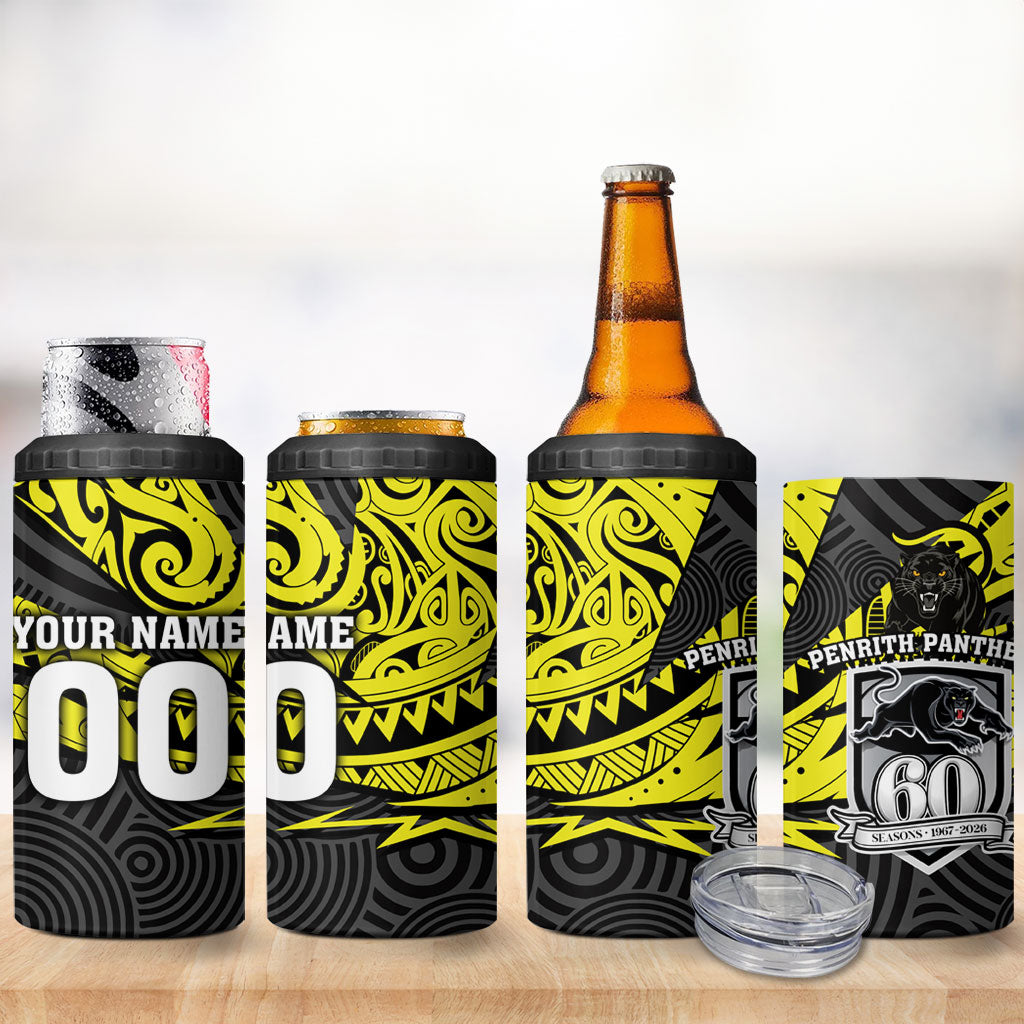 Custom Panthers Rugby 60th Anniversary 4 in 1 Can Cooler Tumbler Penrith Polynesian Tribal Pattern - Traditional Tattoo