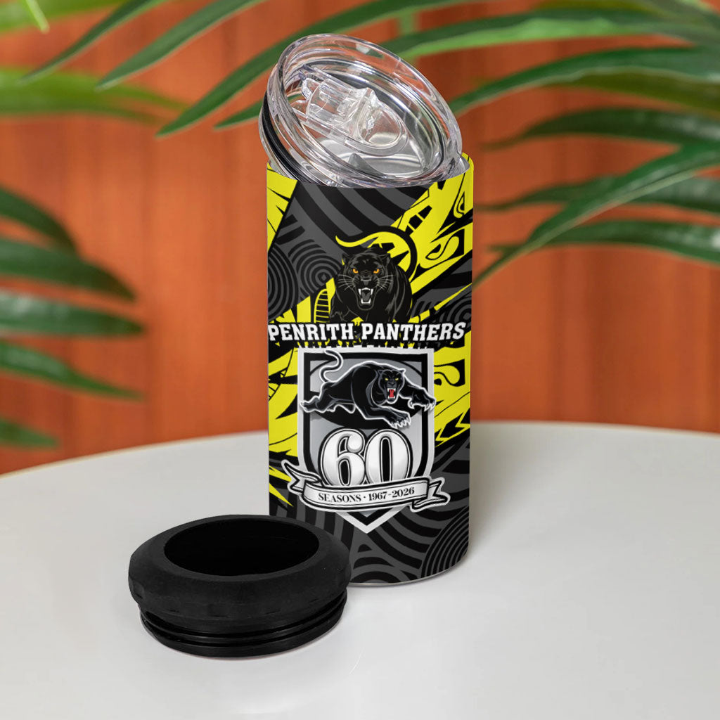 Custom Panthers Rugby 60th Anniversary 4 in 1 Can Cooler Tumbler Penrith Polynesian Tribal Pattern - Traditional Tattoo
