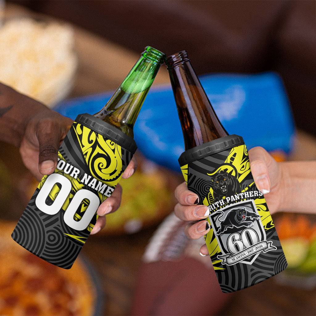 Custom Panthers Rugby 60th Anniversary 4 in 1 Can Cooler Tumbler Penrith Polynesian Tribal Pattern - Traditional Tattoo