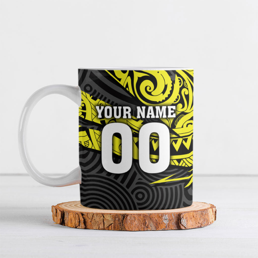 Custom Panthers Rugby 60th Anniversary Ceramic Mug Penrith Polynesian Tribal Pattern - Traditional Tattoo